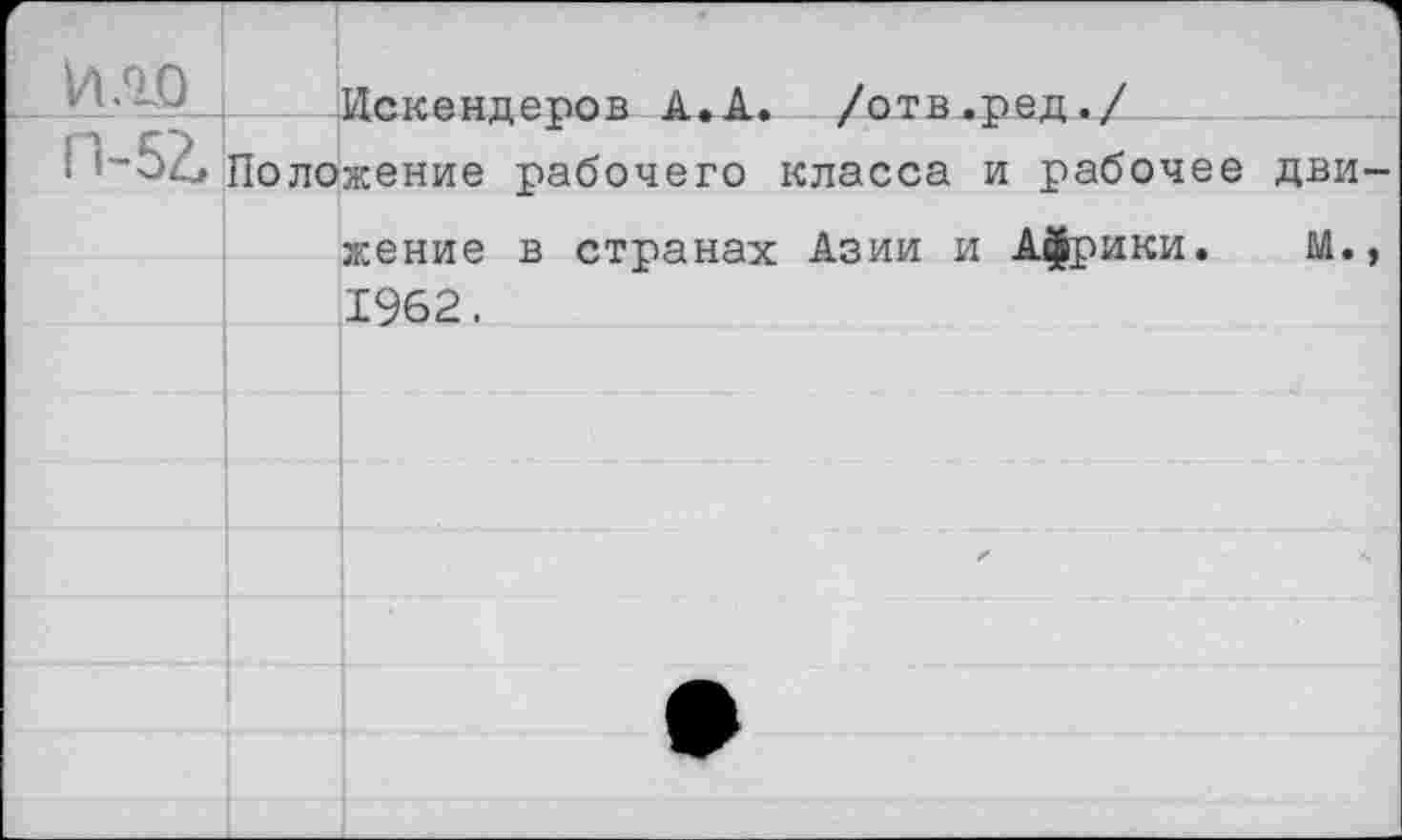 ﻿Г		1	
Ейж П-52,	Искендеров А.А. Положение рабочего		/отв.ред./ класса и рабочее дви-
		жение в странах 1962.	Азии и Африки. М.,
		•	✓